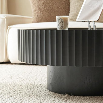 Round Wood Coffee Table - Wooden, Ribbed-Design, 30.3" Dia, 14.9" H Living Room Table, Center Table Simple Modern Style for Home Living Room Furniture (Black, 30.3''L×14.9''H)
