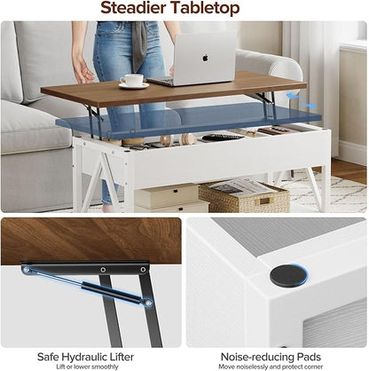 Lift Top Coffee Table,Lift Coffee Table with Storage Shelf and Large Hidden Compartment for Living Room,Lifting top Coffee Tables for Small Space,White + Walnut