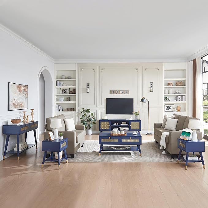 JYED Mid Century Wood Modern Coffee Table with Metal Mesh Decorated Storage Drawers,Blue Accent Center Table with Open Shelf,Rectangular Table for Living Room