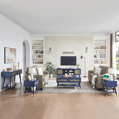 JYED Mid Century Wood Modern Coffee Table with Metal Mesh Decorated Storage Drawers,Blue Accent Center Table with Open Shelf,Rectangular Table for Living Room