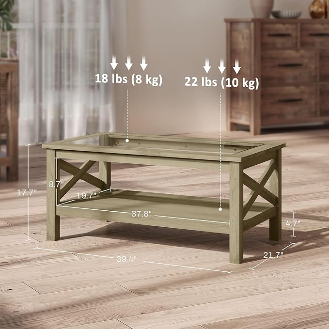 HOMCOM Glass Coffee Table, Modern Farmhouse Center Table with Storage, Side Table for Living Room with Classic X-Bar Style Sides, Gray
