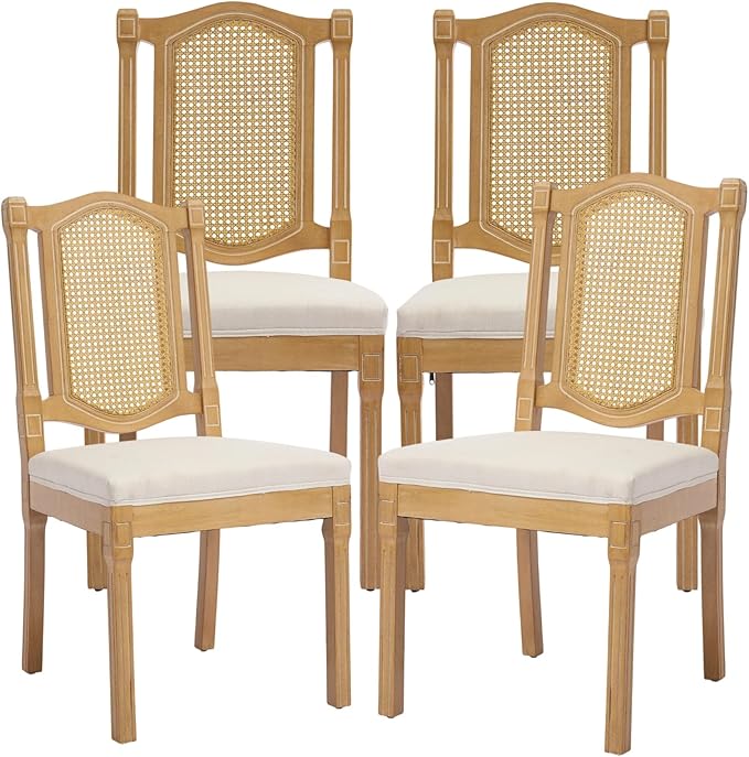 Vintage French Country Dining Chairs Set of 4, Beige Cane Back Rattan Dining Chairs with Linen Upholstered Seat, Solid Wood Legs, Farmhouse Kitchen & Dining Room, Sillas De Comedor (Beige, 4Pcs)