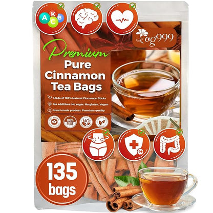 TOG999, Premium 135 Tea Bags - Special Cinnamon Tea, 100% Natural & Pure. Cinnamon Stick Herbal Spice Tea. No Sugar, No Caffeine, No Gluten, Vegan.