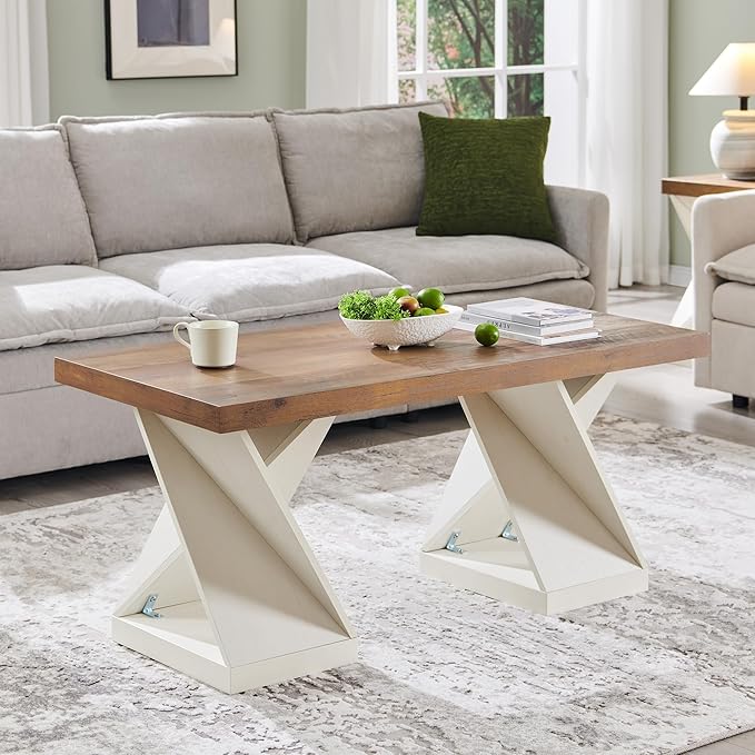 OKD Modern Coffee Table, 48" Twisted Center Table with Wood Thickened Pedestal, Rectangular Rustic Living Room Table, Farmhouse Storage Low Cocktail Tea Table, Antique White