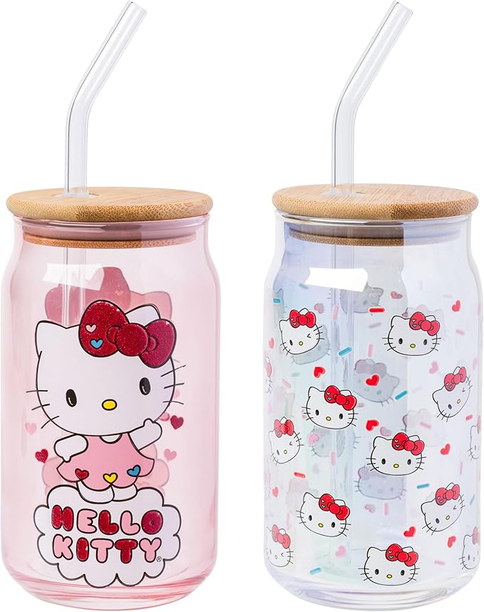 Silver Buffalo Sanrio Hello Kitty 2 Pack Iridescent Glitter Glass Jar Tumbler with Bamboo Lid and Glass Straw, 16 Ounces
