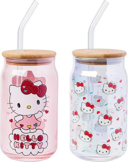 Silver Buffalo Sanrio Hello Kitty 2 Pack Iridescent Glitter Glass Jar Tumbler with Bamboo Lid and Glass Straw, 16 Ounces