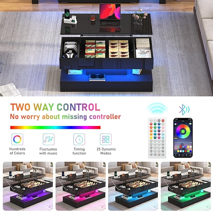 39.4" Large Lift Top Coffee Table,Modern High Glossy LED Coffee Tables for Living Room with Storage,Black Living Room Tables for Living Rooms,Dining Room,Bedroom Home Office,APP LED Lights（Black）