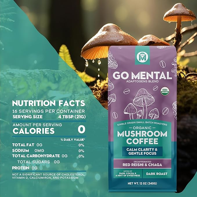 Organic Mushroom Decaffeinated Coffee Dark Roast, Red Reishi & Chaga, Swiss Water Process, Full Fruiting Bodies, Decaf for Calm and Relaxed Focus Grade 1 Single Origin Peruvian, 12oz - Ground