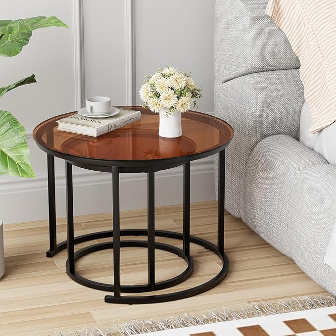 aboxoo Nesting Coffee Table Set of 2, Small Round Glass Nesting Tables for Living Room Bedroom, Accent Tea Table with Metal Frame Modern Industrial Simple