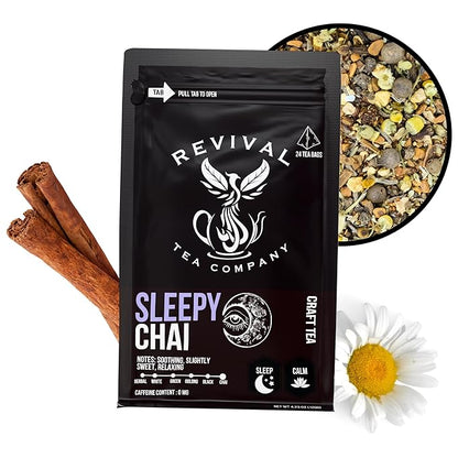 Revival Tea Company Sleepy Chai Tea - Rooibos Chai Tea Red Tea Blend with Valerian Root and Fresh Spiced Chai Flavor - Caffeine Free - 24 Tea Bags