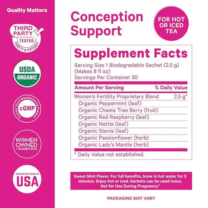 Pink Stork Organic Fertility Tea - Supports Conception for Her & Hormone Balance with Chaste Tree Berry (Vitex), Mint, and Red Raspberry Leaf - Hot or Iced - Caffeine Free - Sweet Mint, 15 Sachets