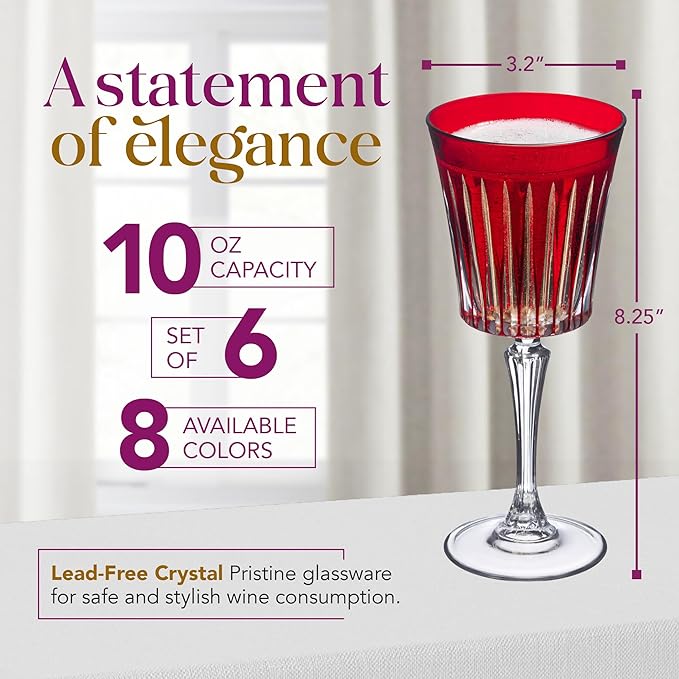 Barski European Colored Wine Glasses - Set of 6 Wine Goblets for Red Wine or White Wine - Elegant Colored Glassware Water Goblets - Gift Ready Colored Stemware, Colorful Wine Glasses, 10 oz, Ruby