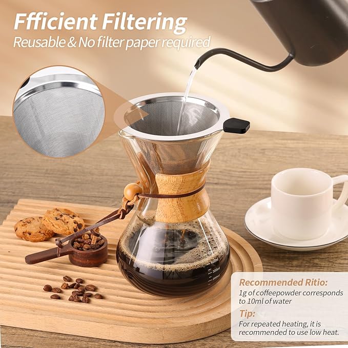 Pour Over Coffee Maker 20 OZ, 6 Cup Borosilicate Glass Drip Coffee Maker with Reusable Stainless Steel Filter and Cork Grip for Home Café 600 ML