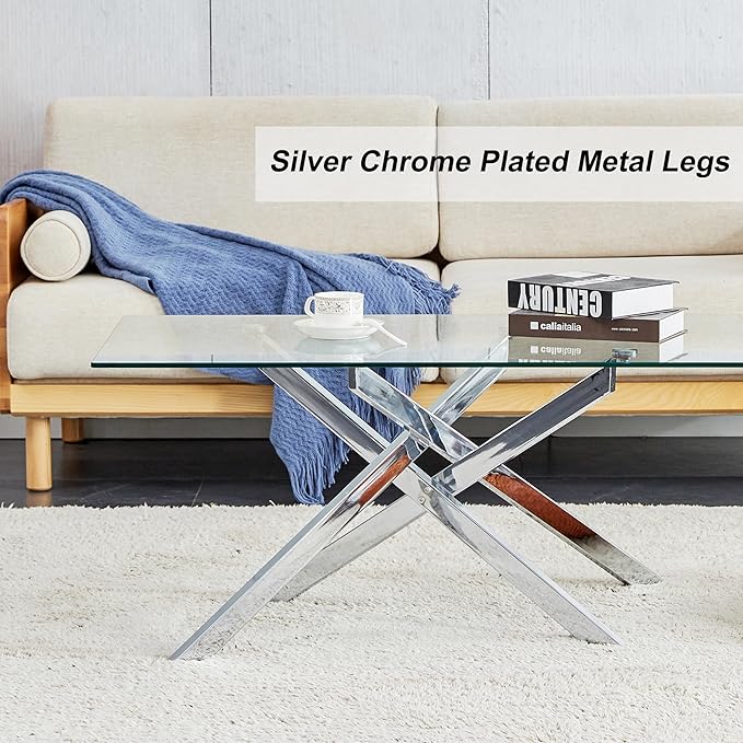 Silver Glass Coffee Table Set of 3 Modern End Table Living Room Side Table, Geometric Metal Legs 39.4 Inch Clear Rectangle Center Cocktail Tables, Chrome Silver