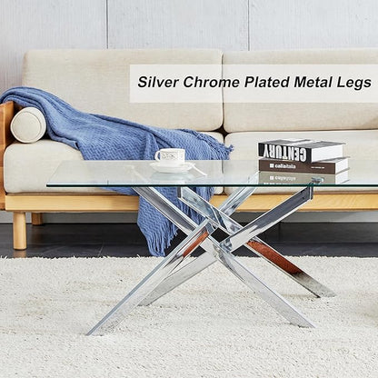 Silver Glass Coffee Table Set of 3 Modern End Table Living Room Side Table, Geometric Metal Legs 39.4 Inch Clear Rectangle Center Cocktail Tables, Chrome Silver