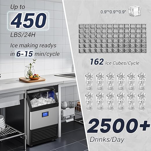 450Lbs/24H Under Counter Commercial Ice Machine with 160LBS Large Storage Bin, Stainless Steel Freestanding Ice Maker for Home Bar Cafe, Include Water Filter and Ice Scoop,Self Cleaning