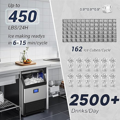 450Lbs/24H Under Counter Commercial Ice Machine with 160LBS Large Storage Bin, Stainless Steel Freestanding Ice Maker for Home Bar Cafe, Include Water Filter and Ice Scoop,Self Cleaning