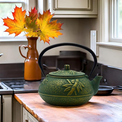900ml Small Cast Iron Tea Kettle, SECHUDO Teapot Coated with Enameled Interior for Stovetop, Japanese Green Tea Pot with Stainless Steel Strainer for Loose Leaf, Pine,Bamboo and Plum Pattern(30.4oz)
