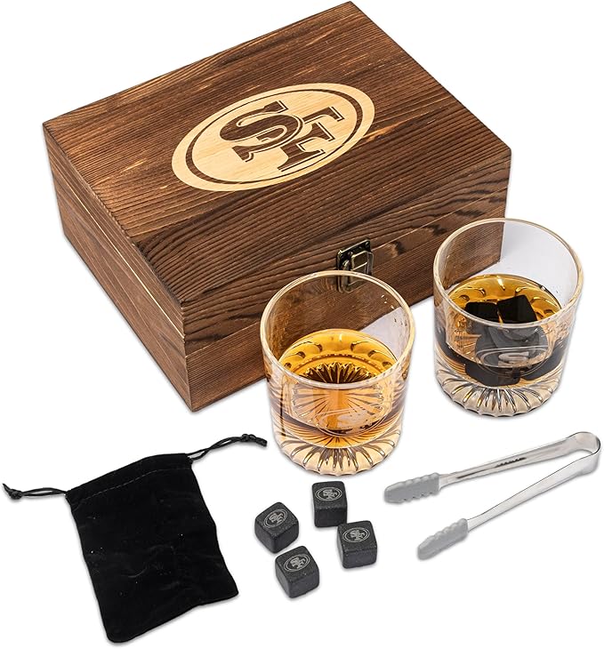 The Memory Company Officially Licensed NFL Wood Boxed Drinkware Set, with 2 Rocks Glasses and Cooling Cubes, San Francisco 49ers