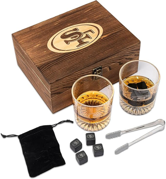 The Memory Company Officially Licensed NFL Wood Boxed Drinkware Set, with 2 Rocks Glasses and Cooling Cubes, San Francisco 49ers