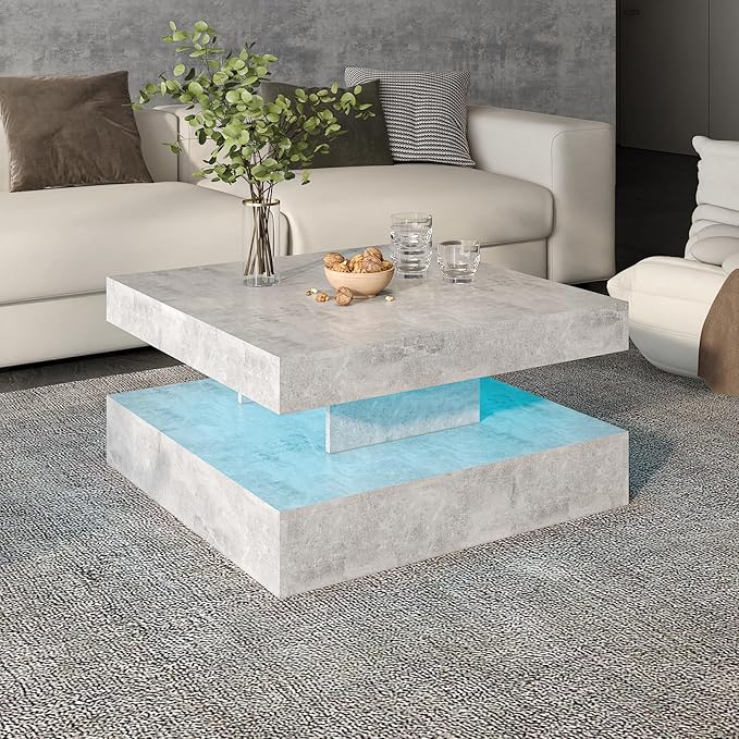 Grey LED Coffee Table for Living Room, Living Room Table 2-Tier Square Middle Center Table, Modern Coffee Tables with Storage, Contemporary Wood Tea Tables for Dining Reception