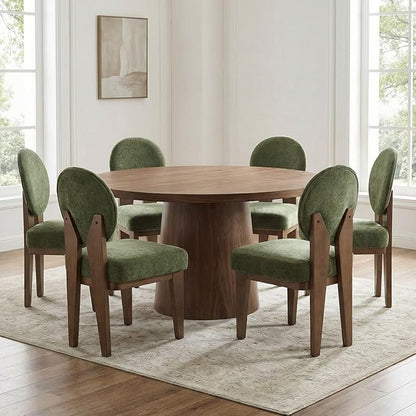 Mid-Century Modern Walnut Dining Chairs Set of 6, Vintage Green Wooden Kitchen Chairs, Retro Upholstered Velvet Cushioned Seat with Curved Backrest, Armless Accent Side Chair for Bedroom