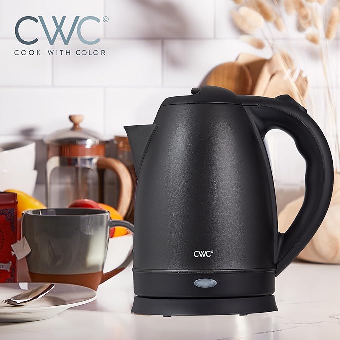 COOK WITH COLOR Electric Kettle - Rapid Boil, Sleek Design, and Safety Features - Great for Quick and Easy, Stainless Steel Black, 1.7 Liters