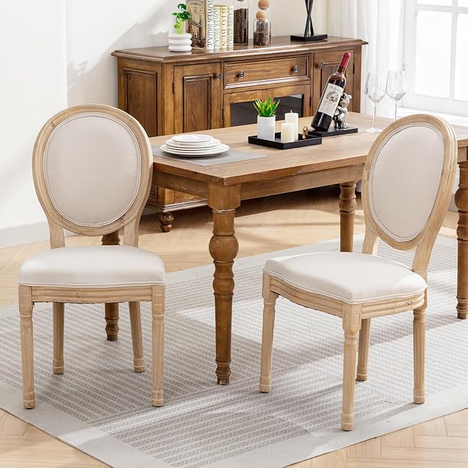 Vintage French Country Dining Chairs Set of 2, Linen Fabric Dining Chair with Solid Wood Legs, Beige Upholstered Dining Chairs, Sillas para Comedor, Kitchen & Dining Room Chair (Beige, Linen, 2Pcs)