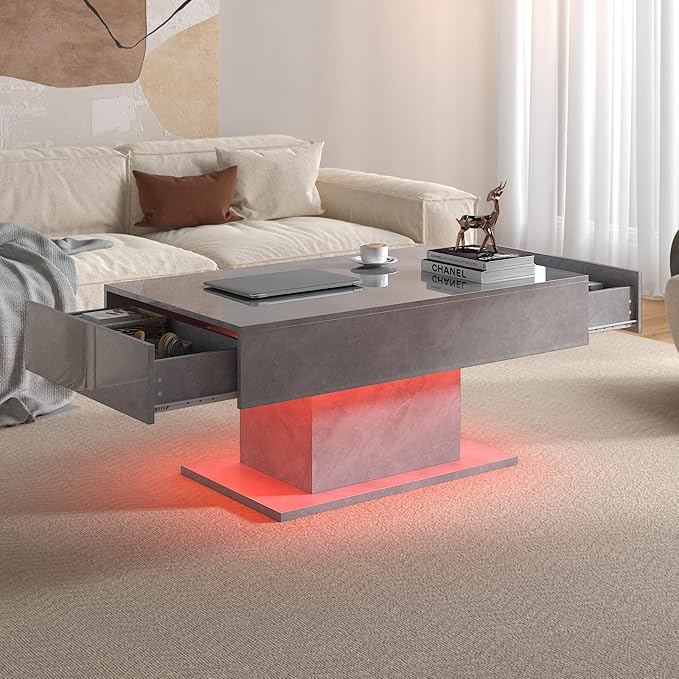 Grey Led Coffee Table with 2 Storage Drawers for Living Room, Living Room Table Rectangular Center Table, Modern High Glossy Wooden Coffee Tables with Lights for Dining Reception Room