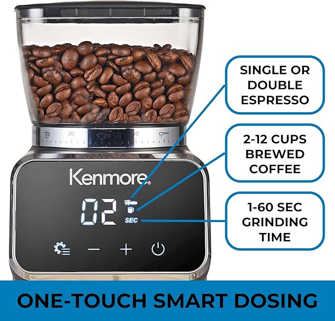 Kenmore Conical Burr Grinder - Grind Coffee Beans For Home Brewing, Smart Maquina Moler, Control Dosing For Espresso, French Press, Drip Coffee, 30 Grind Size, Digital Control, Spice grinding
