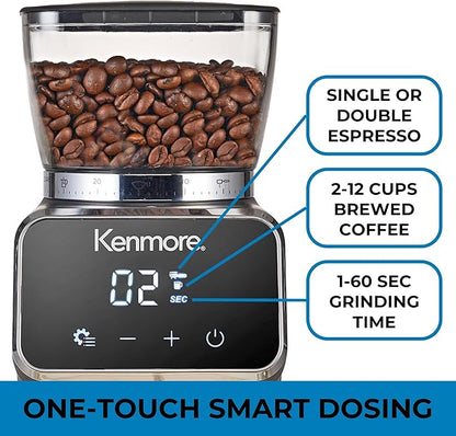 Kenmore Conical Burr Grinder - Grind Coffee Beans For Home Brewing, Smart Maquina Moler, Control Dosing For Espresso, French Press, Drip Coffee, 30 Grind Size, Digital Control, Spice grinding