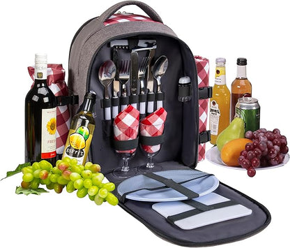 apollo walker Picnic Backpack Bag with Cooler Compartment, Detachable Bottle/Wine Holder, Fleece Blanket, Plates and Cutlery Set (2 Person, Gray)