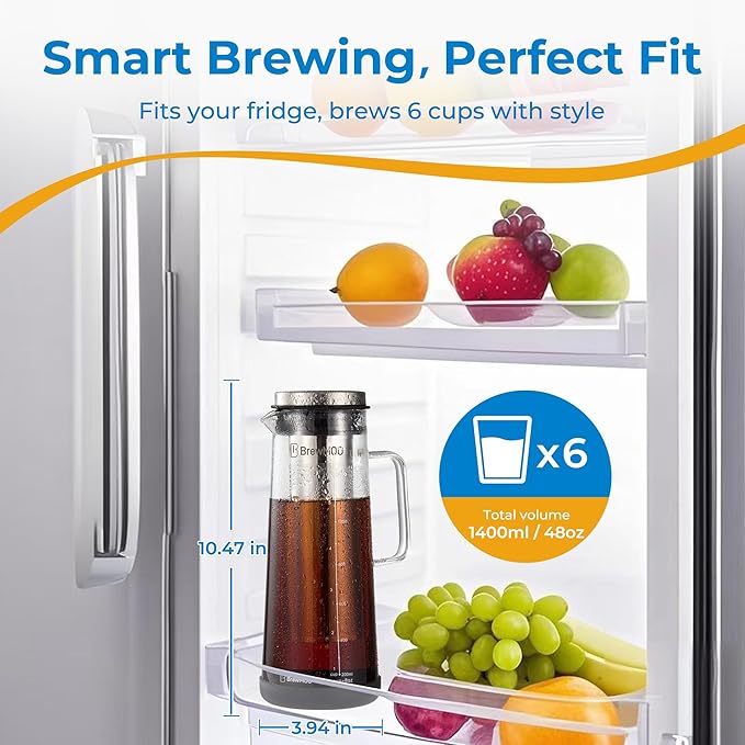 BrewMOO- Airtight Cold Brew Coffee Maker Pitcher, 1.4L/48Oz Thick Glass Carafe with Filter, Comfort Sturdy Handle & Wide Spout, Non-Slip Base | Iced Tea Maker (Black)