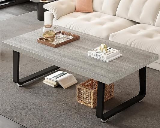 HSH Industrial Coffee Table, Modern Minimalist Center Table, Wooden Rectangle Living Room Table for Small Space, Farmhouse Wood and Metal Tea Table for Home Bedroom Office, Light Grey Oak, 47 in