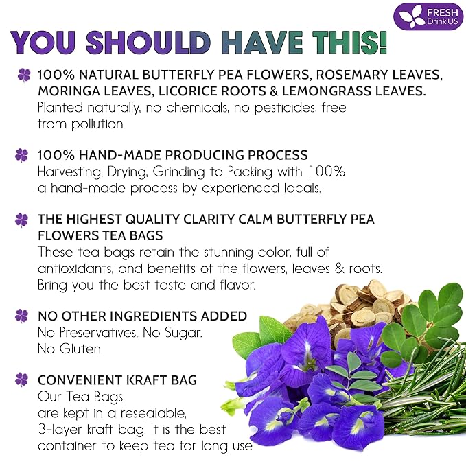 FreshDrinkUS, Clarity Calm Butterfly Pea Flower Tea – 60 Tea Bags Herbal Blend of Butterfly Pea Flower, Rosemary, Moringa, Lemongrass & Licorice Root – Caffeine-Free. Sugar-Free. Gluten-Free. Vegan