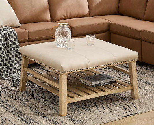 Kmax 32-Inch Beige Faux Leather Coffee Table Large Square Ottoman Foot Rest Stool Upholstered Coffee Table with Wooden Shelf Storage for Living Room Office