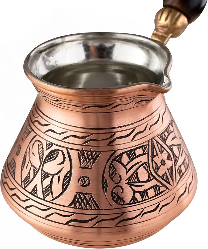 BCS 12 Oz Copper Turkish Greek Arabic Coffee Pot with Wooden Handle (4 servings) Cezve Ibrik Briki Stovetop Coffee Maker (Includes Wooden Spoon)