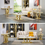 Load image into Gallery viewer, Coffee Table Set, 48 inches Modern Gold Coffee Table with 4 Geometric Polished Bases and Rectangular Gold Console Table with White Top for Living Room (Coffee Table + Console Table)