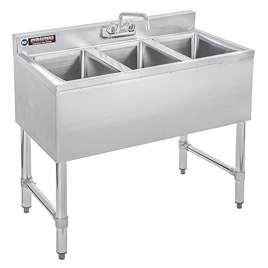 DuraSteel 3 Compartment Sink Commercial Kitchen Sink - NSF Stainless Steel Triple Three Bay Utility with CEC No Lead Faucet - No Drainboard Restaurant Bar Small Garage Slop Prep Food Truck Large