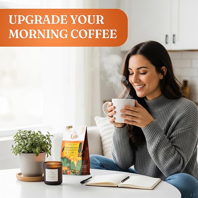 LYFE Organic Instant Decaf Mushroom Coffee – Lion’s Mane, Chaga, Cordyceps, Turkey Tail | USA Grown Adaptogenic Mushrooms for Better Energy, Focus, Gut Health, Immunity – 40 Servings