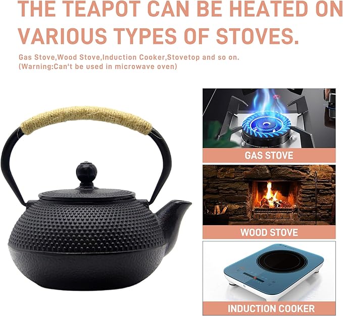 Japanese Tetsubin Cast Iron Teapot Tea Kettle pot with Stainless Steel Infuser for Stovetop Safe Coated with Enameled Interior (Black, 27.1oz)