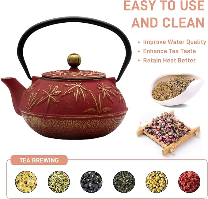 Cast Iron Teapot Tea Kettle with Stainless Steel Infuser for Stovetop Safe Coated with Enameled Interior Japanese Red Tetsubin with Maple Leaves Pattern(30.4oz/900ml)
