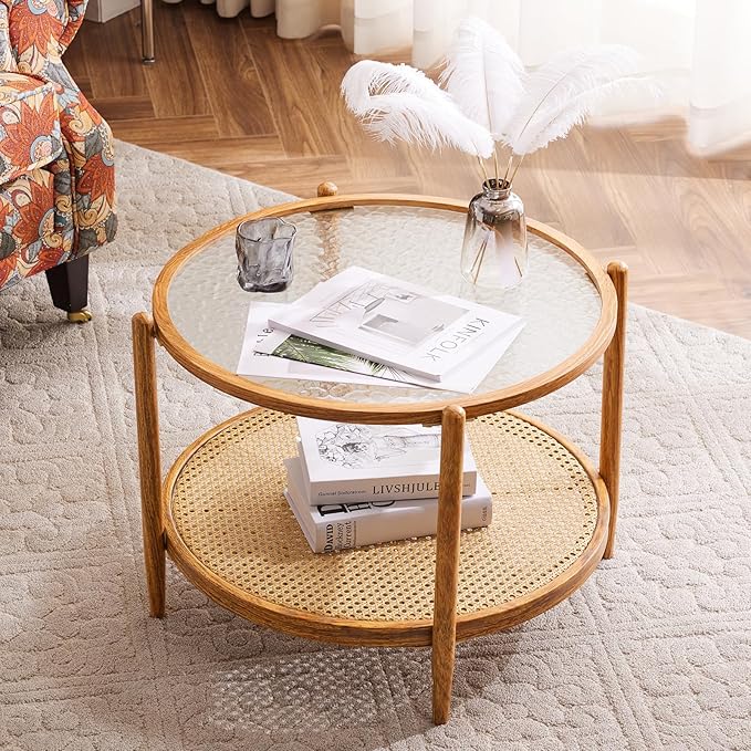 VINGLI 25.6" Rattan Coffee Table, Round Water-Wave Glass Metal Center Table, Modern Coffee Table with 2-Tier Storage, Farmhouse Circular Table for Living Room and Small Space, Natural Vibe