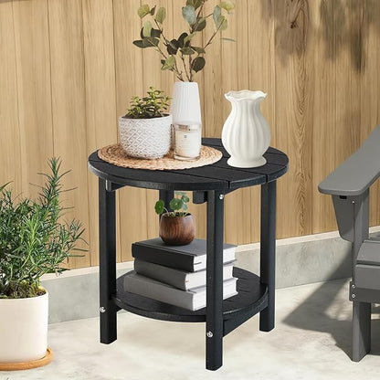 LZRS Round Adirondack Side Table Double End Table, Outdoor Side Tables for Patio, Backyard,Pool, Indoor Companion, Easy Maintenance & Weather Resistant(Black)