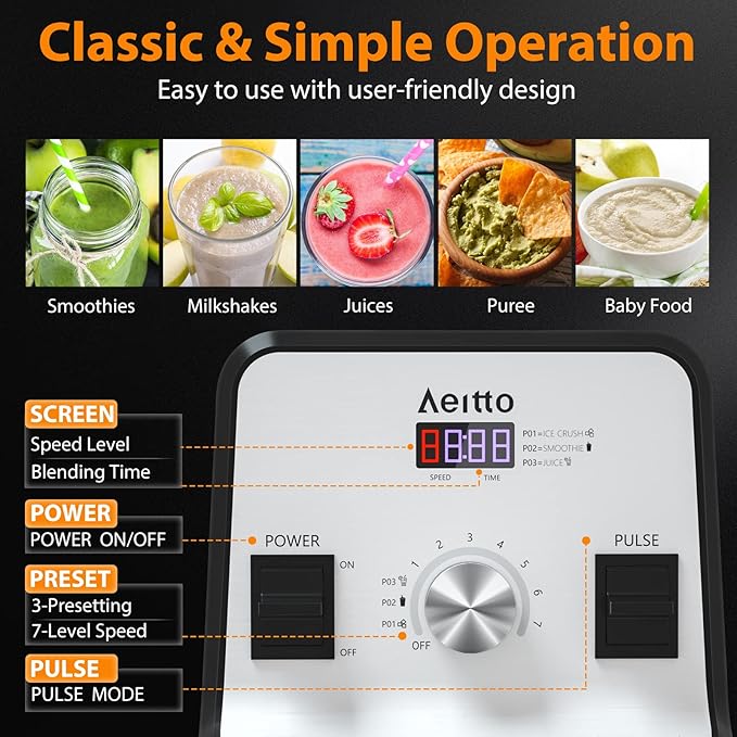 Aeitto Blender with 1500-Watt Motor, 68 Oz Large Capacity Blenders for Kitchen, Professional Countertop Blenders for Ice Crush, Frozen Drinks, Silver