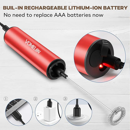Rechargeable Milk Frother Handheld Electric Frother Wand Milk Foamer Drink Mixer for Coffee, Lattes, Cappuccino, and Egg, Stainless Steel for Travel-Rube Red
