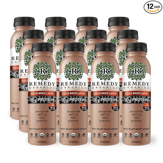 Remedy Organics Cold Brew Latte Power 12-Pack | Plant Based MCT Oil Protein Shakes, Ready to Drink | USDA Organic, Vegan, Gluten Free, Dairy Free, Soy Free | 12 Cold Brew Latte Bottles