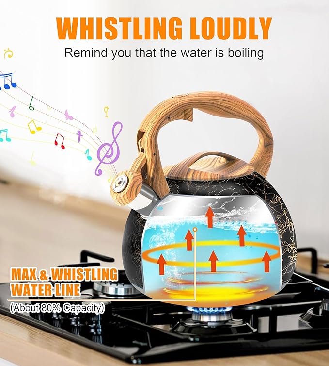 3.2Qt Whistling Tea Kettle for Stove Top, Food Grade Stainless Steel Wood Handle Teapot, Durable for Brewing Coffee, Tea, Milk, Suitable for All Heat Sources (Golden line)