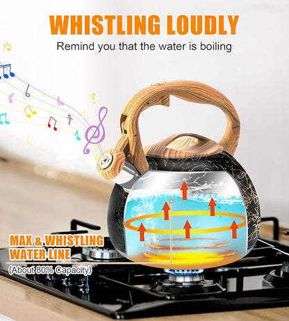 3.2Qt Whistling Tea Kettle for Stove Top, Food Grade Stainless Steel Wood Handle Teapot, Durable for Brewing Coffee, Tea, Milk, Suitable for All Heat Sources (Golden line)