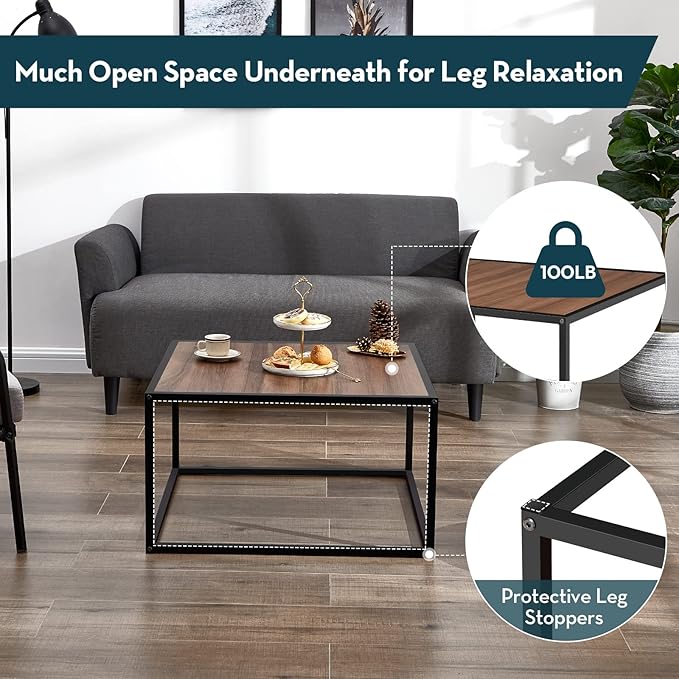 SAYGOER Farmhouse Coffee Table Rustic Wood Coffee Tables Mid Century Modern Coffe Tables for Small Spaces Simple Square Low Center Table for Living Room Home Office Boho Style, Walnut